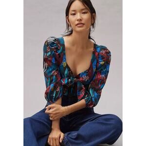 Eva Franco Tropical Sweetheart Tie Front Puff Sleeve Blouse 4 Midnight Jungle